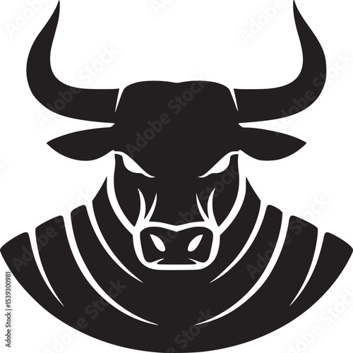 Illustration of a black bull with horns and a stylized neck on a beige background image art