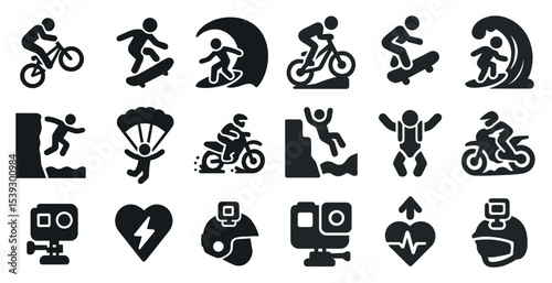 Extreme sports silhouette icons set – solid, filled, adventure and outdoor symbols