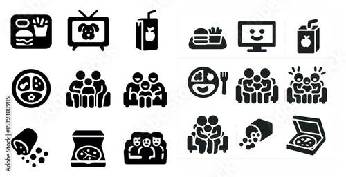Family and food solid icons set – filled, silhouette, dining and gathering symbols