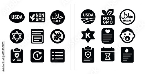 Food safety and certification solid icons set – filled, regulatory, organic labels