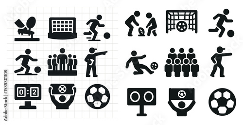 Soccer and football solid icons set – filled, outline, athletic sports symbols