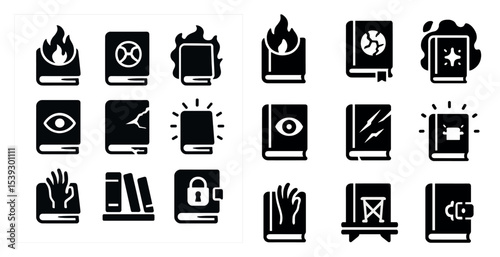 Horror book solid icons set – filled, spooky, scary literature symbols