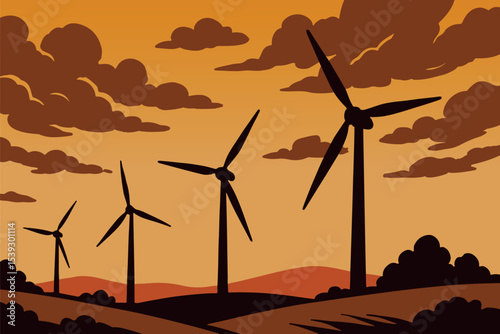 Wind turbines stand out against an orange sky with dramatic clouds, illustrating renewable energy and sustainable power generation