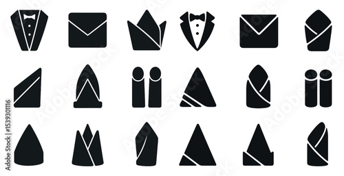 Formal attire silhouette icons set – folded napkin, table setting, event symbols