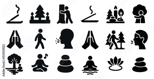 Meditation and wellness silhouette icons set – tranquility, mindfulness and relaxation