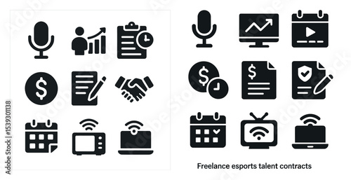 Freelance and business solid icons set – contracts, finance, professional tools