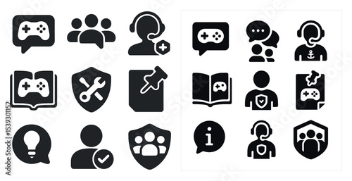 Gaming and communication solid icons set – flat, filled, player interaction symbols