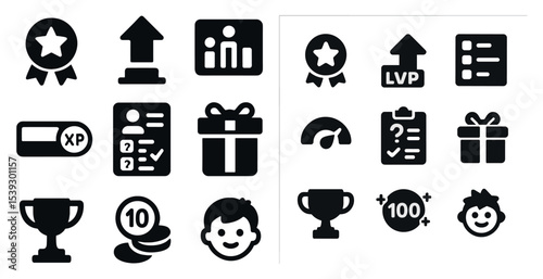 Gamification and achievement solid icons set – filled, reward, progress symbols