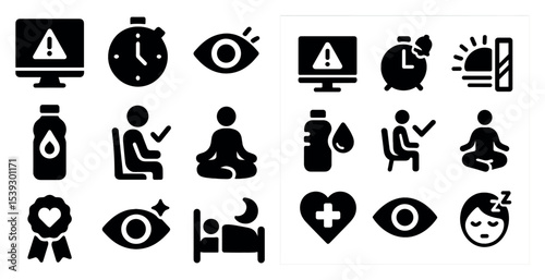 Alert and wellness solid icons set – filled, silhouette, health and mindfulness symbols