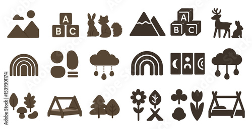 Nature and wildlife silhouette icons set – outline, landscape, forest and wildlife symbols
