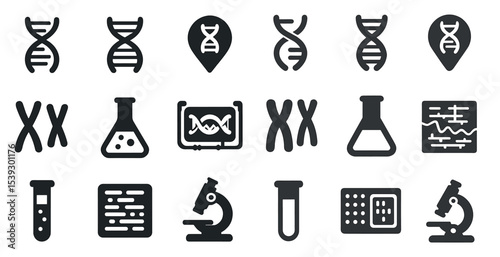 Genetic research icons set – solid, filled, science and dna symbols