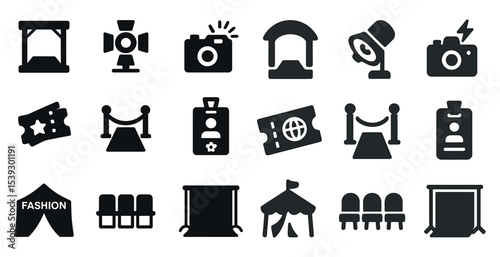 Event management solid icons set – filled, festival, conference planning symbols