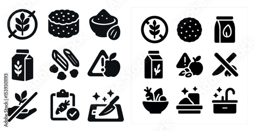 Allergy and food safety solid icons set – filled, warning, nutrition symbols