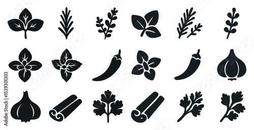 Herbs and spices solid icons set – filled, silhouette, culinary symbols