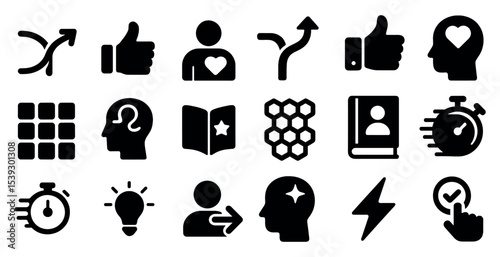 Business and strategy solid icons set – filled, management, planning symbols