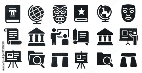 History and culture solid icons set – filled, heritage, educational symbols