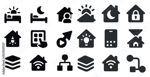 Smart home solid icons set – tech, automation, house control symbols