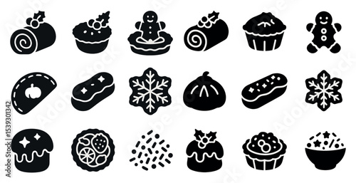 Holiday and desserts icons set – solid, filled, festive and seasonal symbols