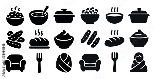 Comfort food solid icons set – filled, cozy, culinary and dining symbols