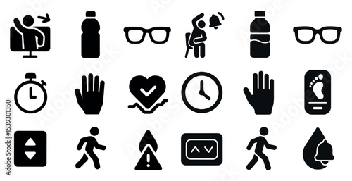 Safety and comfort icons set – silhouette, solid, caution and health symbols