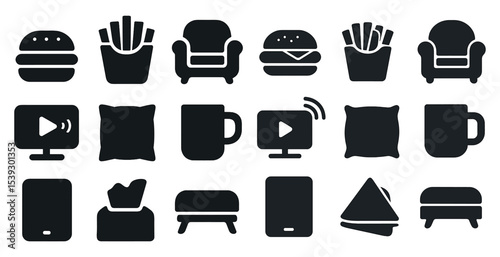Fast food solid icons set – filled, silhouette, burger and snack symbols