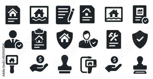 Real estate and documents solid icons set – property, contracts, business symbols