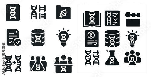 Genetic science solid icons set – dna, research, biology visualization tools