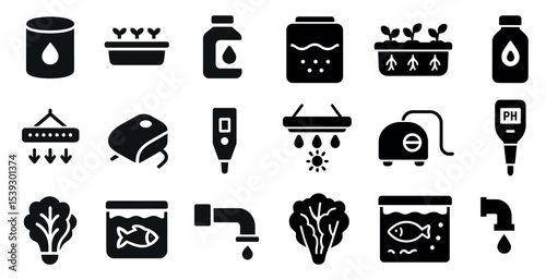Hydroponics and gardening icons set – solid, filled, plant care, growth symbols