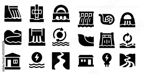 Hydroelectric energy silhouette icons set – power, renewable, eco-friendly symbols