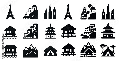 Cityscape and architecture solid icons set – silhouette, filled, building symbols