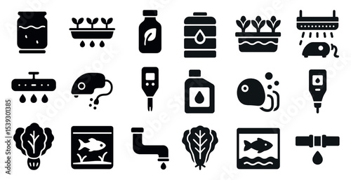 Hydroponics and aquaponics icons set – silhouette, filled, gardening symbols