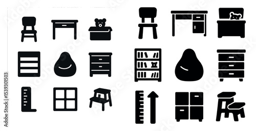 Children's furniture silhouette icons set – solid, filled, kids' room decor