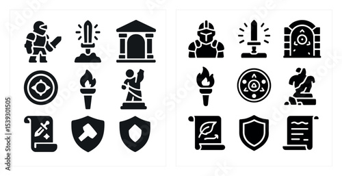 Medieval solid icons set – filled, knight, castle, historical symbols