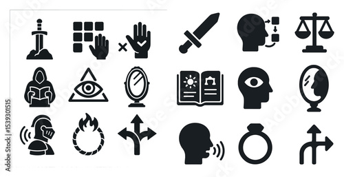 Mystery and fantasy silhouette icons set – solid, filled, magical and occult symbols