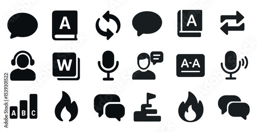 Communication solid icons set – flat, filled, chat and language symbols