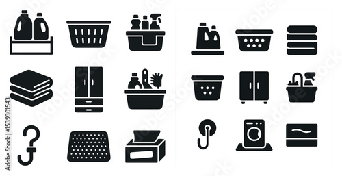 Home cleaning solid icons set – tidy, organized, household essentials