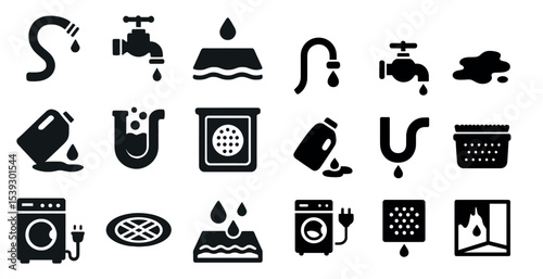 Water leakage solid icons set – silhouette, plumbing, home maintenance symbols