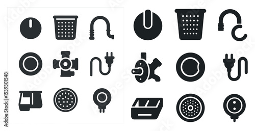 Plumbing and drainage solid icons set – silhouette, filled, pipe and repair symbols
