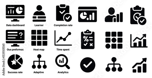 Data analytics solid icons set – filled, silhouette, statistics and insights symbols