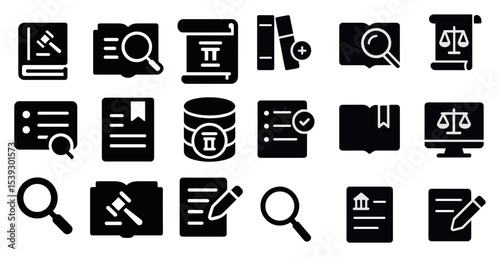 Legal and law solid icons set – filled, justice, court and attorney symbols