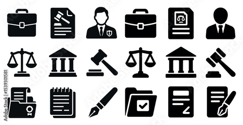 Law and justice solid icons set – silhouette, filled, legal and court symbols