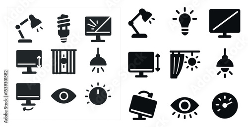Home lighting silhouette icons set – filled, solid, lamps and decor symbols