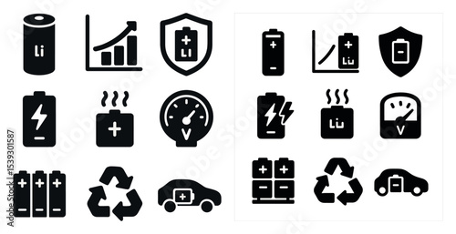 Battery and power outline icons set – energy, voltage, electricity symbols