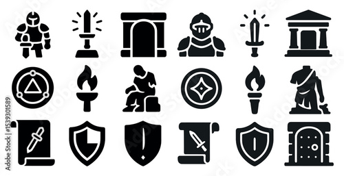 Medieval and knight solid icons set – silhouette, armor, historical symbols