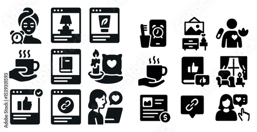 Lifestyle and wellness solid icons set – silhouette, filled, health and beauty symbols