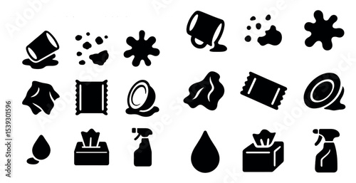 Cleaning and hygiene solid icons set – filled, silhouette, sanitation tools