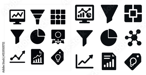 Data analysis silhouette icons set – filled, solid, analytics and business tools