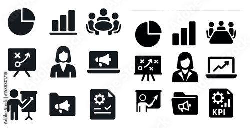 Business and finance solid icons set – filled, flat, corporate and analysis symbols