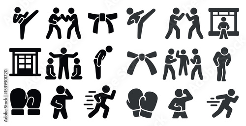 Martial arts silhouette icons set – solid, filled, karate and boxing symbols