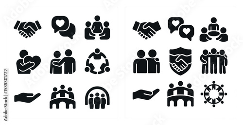 Community and teamwork icons set – solid, filled, collaboration and unity symbols